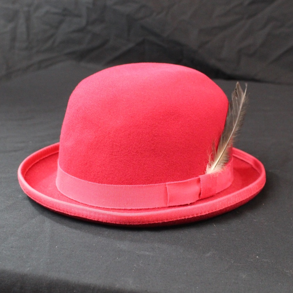 Red bowlers derby hat with feather